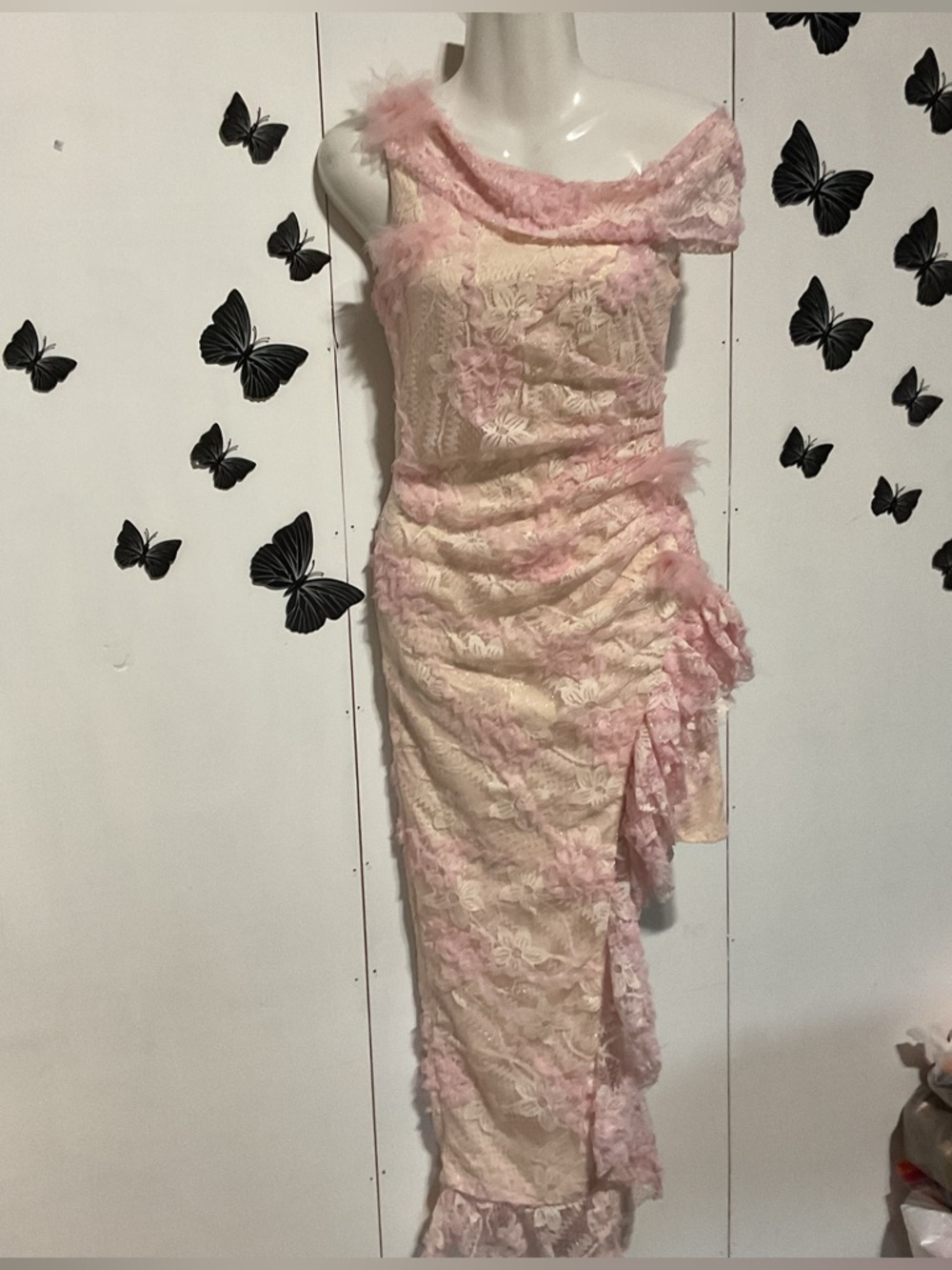 Cream and Pink Lace Off-Shoulder Evening Dress